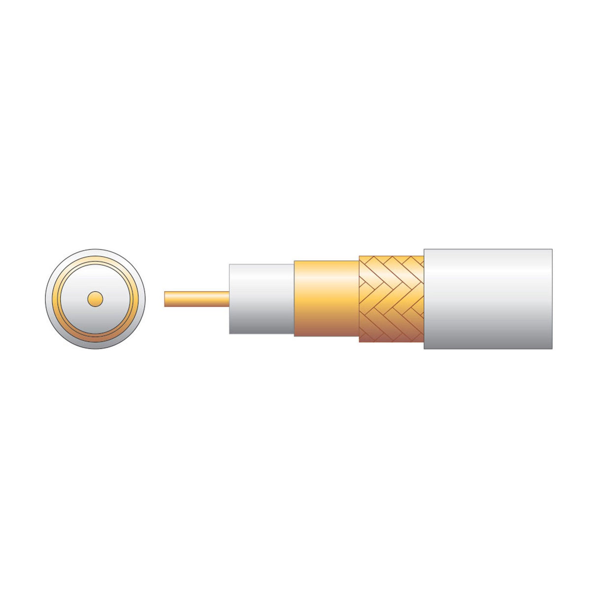 Cutaway diagram of Mercury white coaxial aerial cable showing copper conductor, foam PE dielectric, copper foil screen and CCA braid layers.