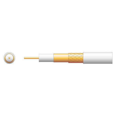 Illustration of the Mercury 100U Foamed PE Coaxial Cable, featuring a cross-section optimized for 75 Ohms, perfect for digital TV signal transmission. The diagram displays layers from inside out: central copper conductor, insulating dielectric layer, CCA braided metal shielding, and outer white plastic sheath. A circular cross-section is shown next to the exploded view.