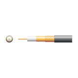Cutaway diagram of the Mercury 100U RG59 coaxial cable showing OFC conductor, foamed PE dielectric, copper foil, CCA braid and black PVC jacket.