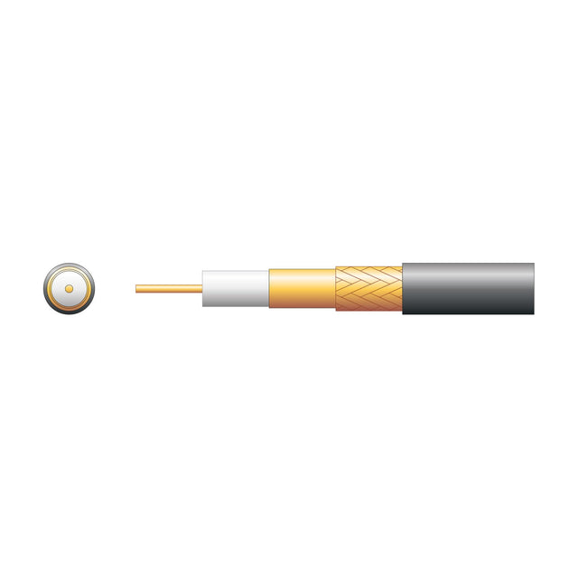 Cutaway diagram of the Mercury 100U RG59 coaxial cable showing OFC conductor, foamed PE dielectric, copper foil, CCA braid and black PVC jacket.