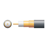 Cutaway diagram of Mercury 100U RG59 coaxial cable showing OFC conductor, foamed PE dielectric, copper foil, CCA braid and black PVC jacket.