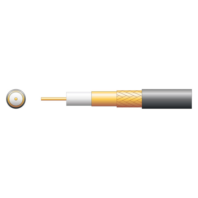 Cross-sectional illustration of the Mercury 100U Foamed PE Coaxial Cable reveals its structure: a central copper conductor, surrounded by an insulating layer, a CCA braid metallic shield with woven pattern for digital TV signal transmission, and an outer black protective jacket. Components are separated for clarity.