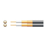 Mercury Twin RG59 coaxial aerial cable cutaway showing two 75-ohm cores with copper conductor, foam dielectric, foil, copper braid and black PVC sheath.