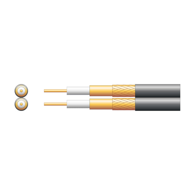 Mercury Twin RG59 coaxial aerial cable cutaway showing two 75-ohm cores with copper conductor, foam dielectric, foil, copper braid and black PVC sheath.