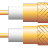 Illustrated cutaway of AVSL Mercury Twin RG59 coaxial aerial cable showing copper conductor, white dielectric, orange foil and braided shielding.