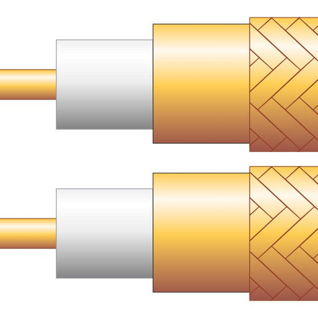 Illustrated cutaway of AVSL Mercury Twin RG59 coaxial aerial cable showing copper conductor, white dielectric, orange foil and braided shielding.