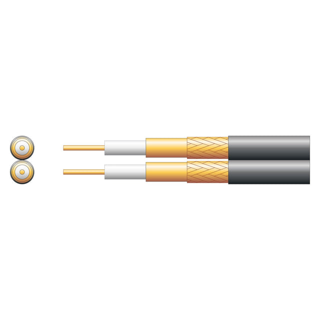 Illustration of the Mercury Twin SAT/CCTV Foamed PE Coaxial Cable with Cu Braid - Black (100m), featuring two parallel wires. Each wire includes a central conductor, dielectric insulator, braided copper shield, and protective outer jacket. Ideal for satellite dish installations, a cross-sectional view is displayed on the left.