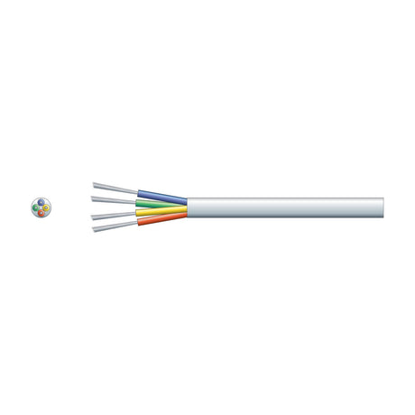 Mercury 4 Core Alarm Cable in white PVC sheath with blue, green, yellow and orange TCCA cores exposed, shown with cross-section view on a white background.