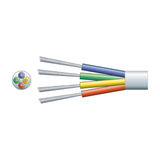 Mercury 4 core alarm cable by AVSL with white PVC sheath, shown cut away to reveal blue, green, yellow and orange TCCA cores with a cross-section view.