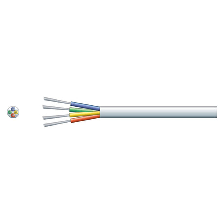 Depiction of a cross section of the Mercury 4 Core Alarm Cable, featuring four differently colored wires—blue, yellow, green, and orange—encased within a white outer sheath. A detailed circular inset on the left displays the configuration suitable for low voltage applications utilizing TCCA conductors.