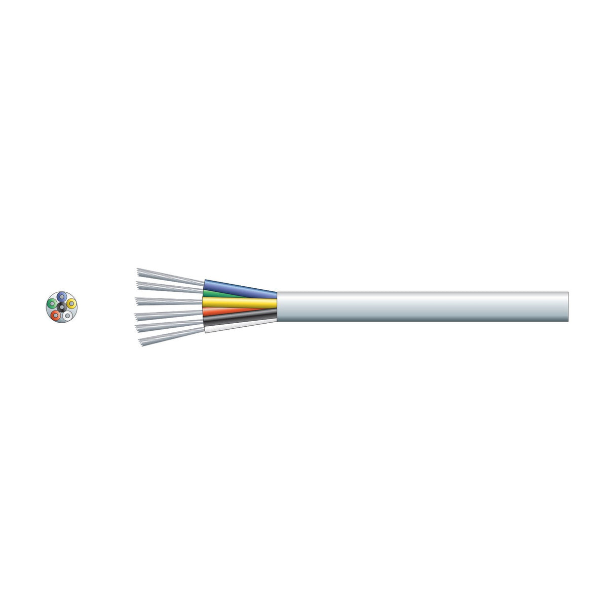 Mercury 6 core alarm cable in white PVC sheath with exposed colour-coded TCCA conductors and cross-section view on a plain background.