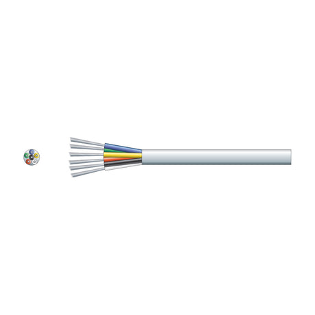 Mercury 6 core alarm cable in white PVC sheath with exposed colour-coded TCCA conductors and cross-section view on a plain background.