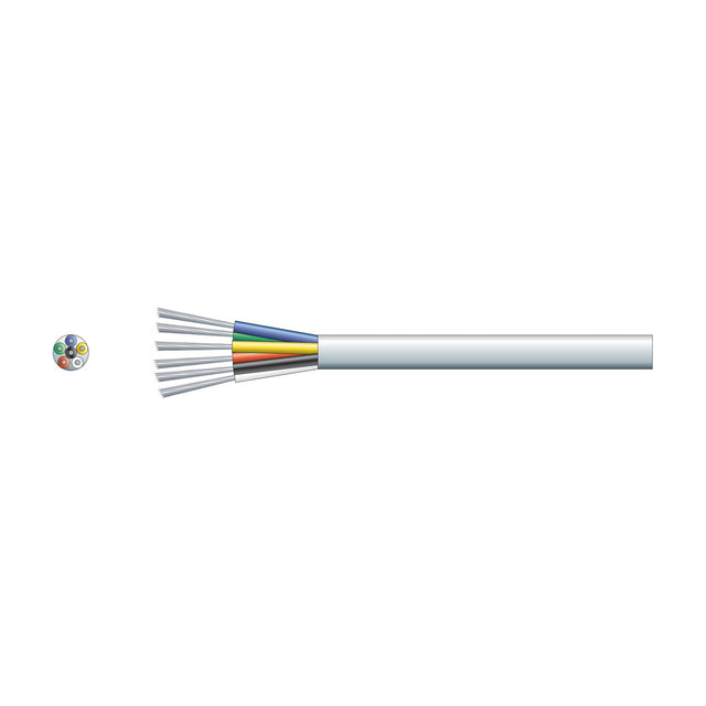 Mercury 6 core alarm cable in white PVC sheath with exposed colour-coded TCCA conductors and cross-section view on a plain background.