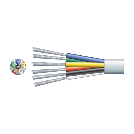 Mercury 6 core alarm cable by AVSL with colour-coded PVC-insulated TCCA conductors inside a white outer sheath, shown with cross-section view.