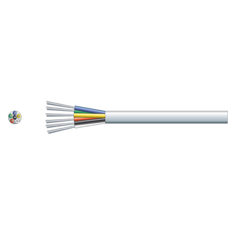 The image depicts a cross-section of the Mercury 6 Core Alarm Cable, featuring multiple colored strands—red, green, blue, and yellow—around a central core. This cable is ideal for low voltage applications and is set against a white background.