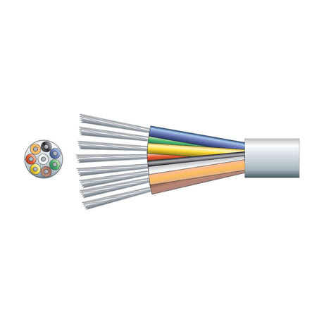 Mercury 8 core alarm cable in white PVC sheath shown with exposed colour-coded TCCA conductors and cross-section view on a plain background.