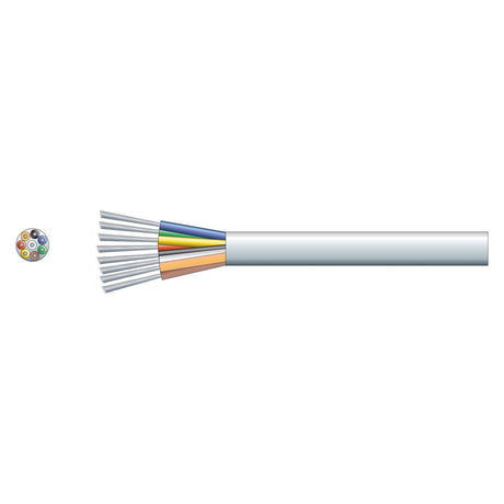 This is a depiction of a cross-section of the Mercury 8 Core Alarm Cable, ideal for low voltage applications. The cable's outer sheath is white, with several colored wires inside, each featuring silver strands extending. The smaller circular image provides an end view perspective showing the wire colors.