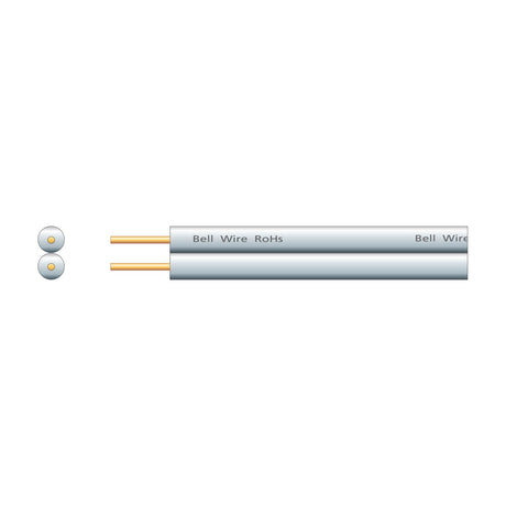 Mercury 2 core figure-8 bell cable in white PVC sheath with exposed copper clad steel conductors and cross-section view on a plain background.