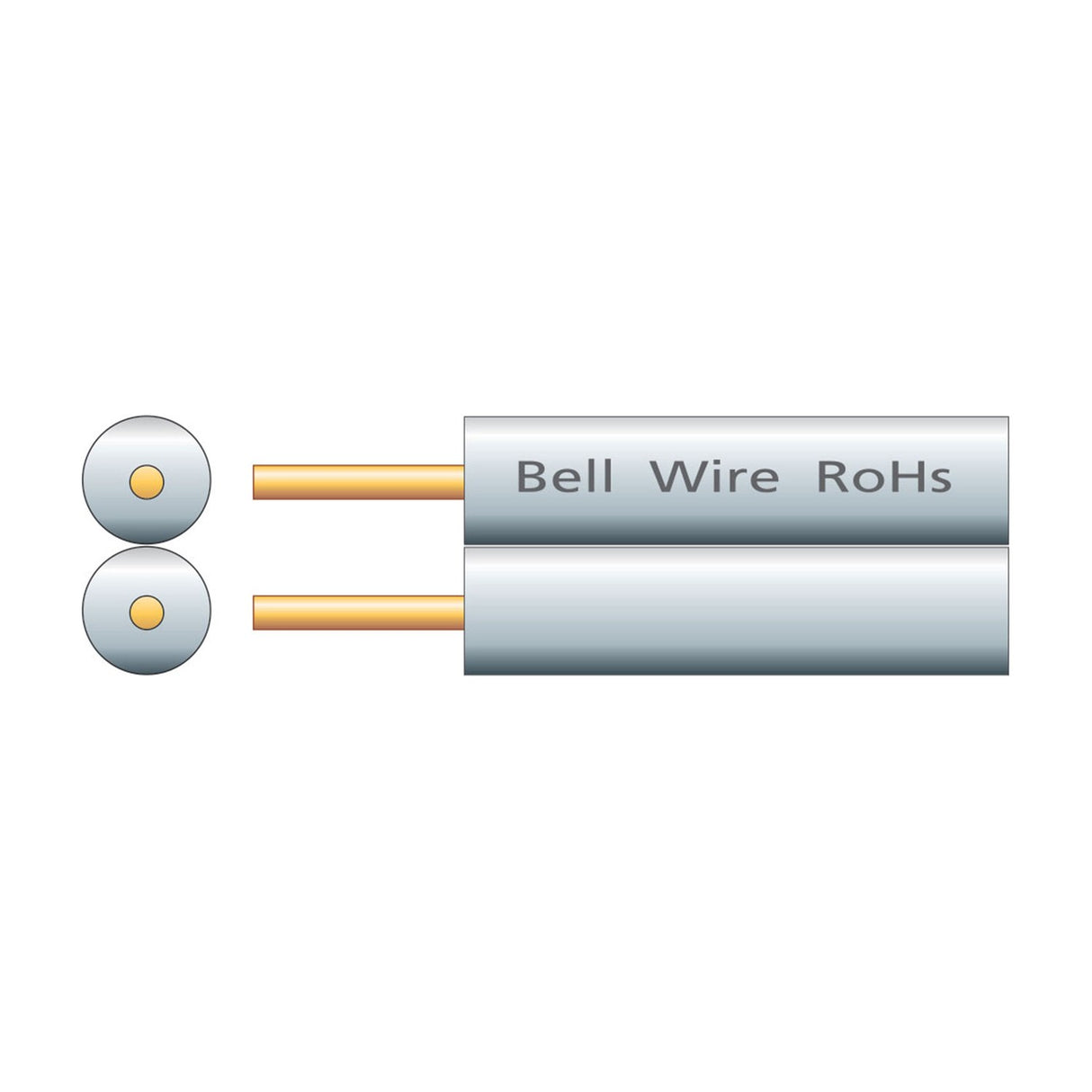 Diagram of Mercury 2-core figure-8 bell cable in white PVC sheath with twin copper-clad steel conductors, shown in cross-section and side view.