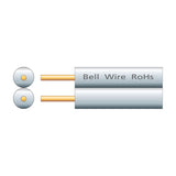 Diagram of Mercury 2-core figure-8 bell cable in white PVC sheath with twin copper-clad steel conductors, shown in cross-section and side view.