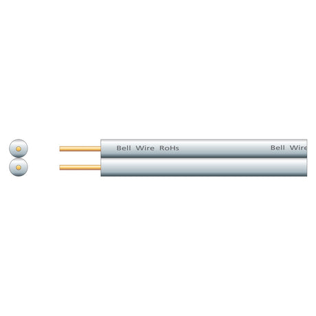 Illustration of the Mercury Figure 8 Bell Cable, CCS in white, featuring two copper conductors encased in a PVC sheath. The text "Bell Wire RoHS" is printed on the sheath, with a cross-section view revealing the wires positioned side by side.