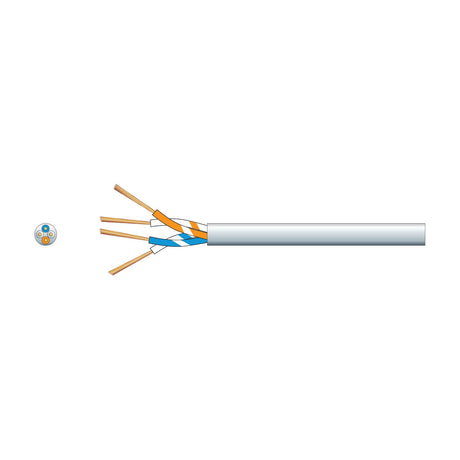 Mercury 2 pair telephone cable in white with exposed copper-clad steel conductors in orange and blue twisted pairs, cross-section shown alongside.