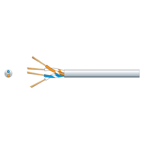 An illustration of a cut Mercury 2 Pairs Telephone Cable, featuring two twisted wire pairs in a white sheath, showcases each untwisted and displayed separately. In contrast to cables like the CAT6 Ethernet with copper wiring, this telephone cable makes use of copper-clad steel (CCS) for its construction.
