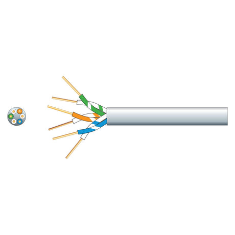 Illustration of a telephone cable, where its outer sheath is partially removed to reveal three pairs of twisted, insulated wires. A close-up circular diagram on the left highlights the wire arrangement for compatibility with various connectors. This depiction shows the Mercury 3 Pairs Telephone Cable CCS in white, available in a 100-meter length.