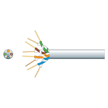 Illustration of a Mercury 4 Pairs Telephone Cable CCS with a close-up of its cross-section. The cable, featuring an RJ45 connector, displays twisted pairs of color-coded wires extending from a white outer sheath, highlighting the internal configuration and copper clad steel conductors.