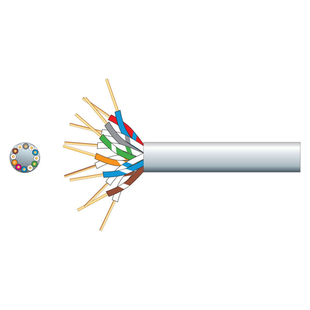 Illustration of a cross-sectional and expanded view of the Mercury 6 Pairs Telephone Cable CCS, White (100m) featuring RJ11, RJ12, and RJ45 connectors. The image shows multiple colored wires within a white outer sheath, each wire surrounded by an insulating layer, depicting the structure of the cable with twisted pairs.