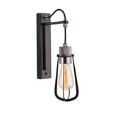 Endon Camden industrial wall light with matt black stepped bracket, toggle switch, braided cable and Edison bulb in caged shade with knurled chrome detail.