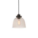 Camden Pendant Light with smoked glass dome shade, chrome and black fitting, and E27 filament bulb, shown on a black flex against a white background.