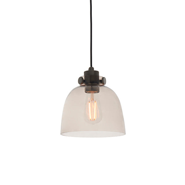 Camden Pendant Light with smoked glass dome shade, chrome and black fitting, and E27 filament bulb, shown on a black flex against a white background.