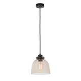 Camden Pendant Light in black and chrome, with a clear glass dome shade and E27 filament bulb on black fabric flex, shown on a white background.