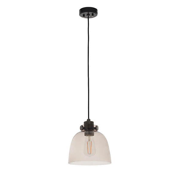 Camden Pendant Light featuring black fabric flex, black and grey metal fitting, and a smoked glass dome shade over an exposed E27 filament bulb.