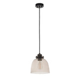 Camden Pendant Light featuring black fabric flex, black and grey metal fitting, and a smoked glass dome shade over an exposed E27 filament bulb.