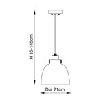Camden Pendant Light in chrome and black with domed grey glass shade, adjustable flex, ceiling rose and E27 fitting, shown with measurements.