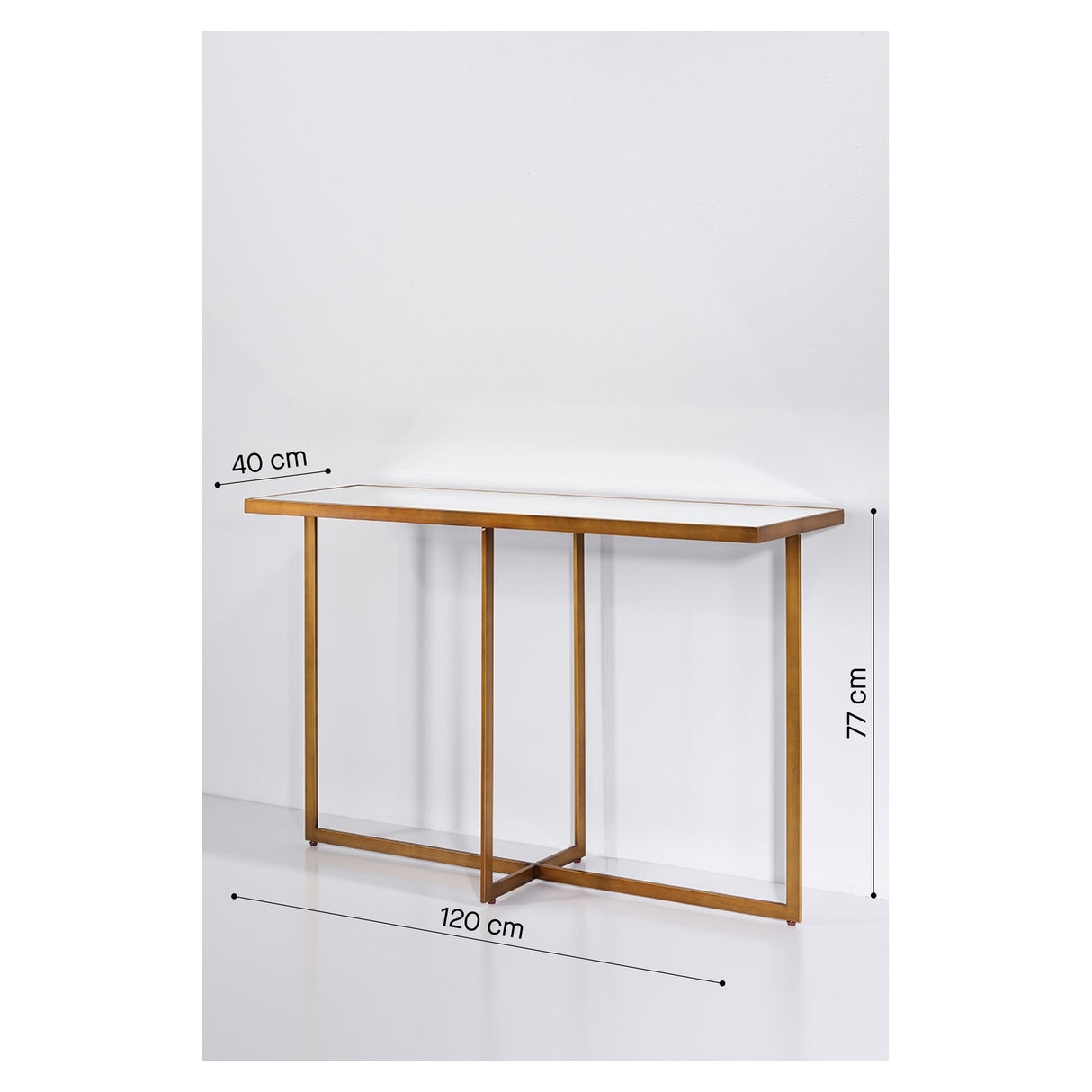 Tablo Bronze Mirrored Glass Console Table with X-shaped metal legs and mirrored top, shown with dimension labels (120cm wide, 40cm deep, 77cm tall) on a white background.