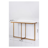 Tablo Bronze Mirrored Glass Console Table with X-shaped metal legs and mirrored top, shown with dimension labels (120cm wide, 40cm deep, 77cm tall) on a white background.