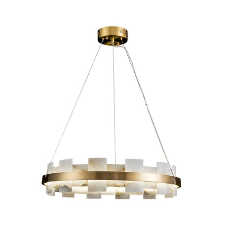 The Montyra LED Large Panelled Alabaster Chandelier in Soft White & Brass has a circular gold frame suspended by three cables, with alternating square frosted and translucent panels for a geometric, modern look.