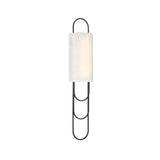 The Catenis 2 Light Small Loop Frame Alabaster Wall Light features a matte black frame with three oval loops below and one above a cylindrical soft white frosted glass shade, shown isolated on a white background.