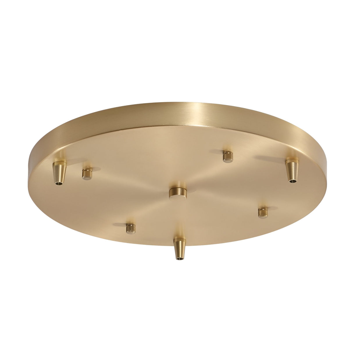 The Nalyra 80cm Round Canopy in natural brass features a brushed finish and five attachment points, ideal for mounting and supporting multiple pendant lights on the ceiling.