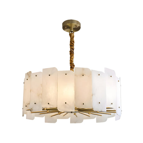 The Caldrin 10 Light Tiered Panel Alabaster Chandelier features soft white overlapping panels and a brass fixture, suspended by a decorative gold rod, creating a modern and elegant lighting centerpiece.