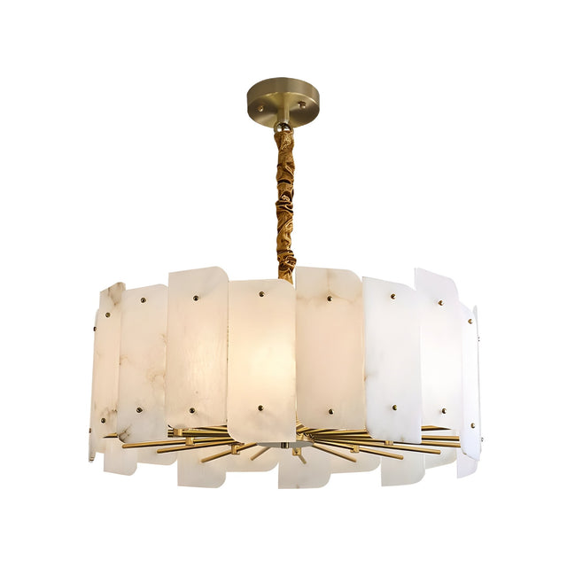 The Caldrin 10 Light Tiered Panel Alabaster Chandelier features soft white overlapping panels and a brass fixture, suspended by a decorative gold rod, creating a modern and elegant lighting centerpiece.