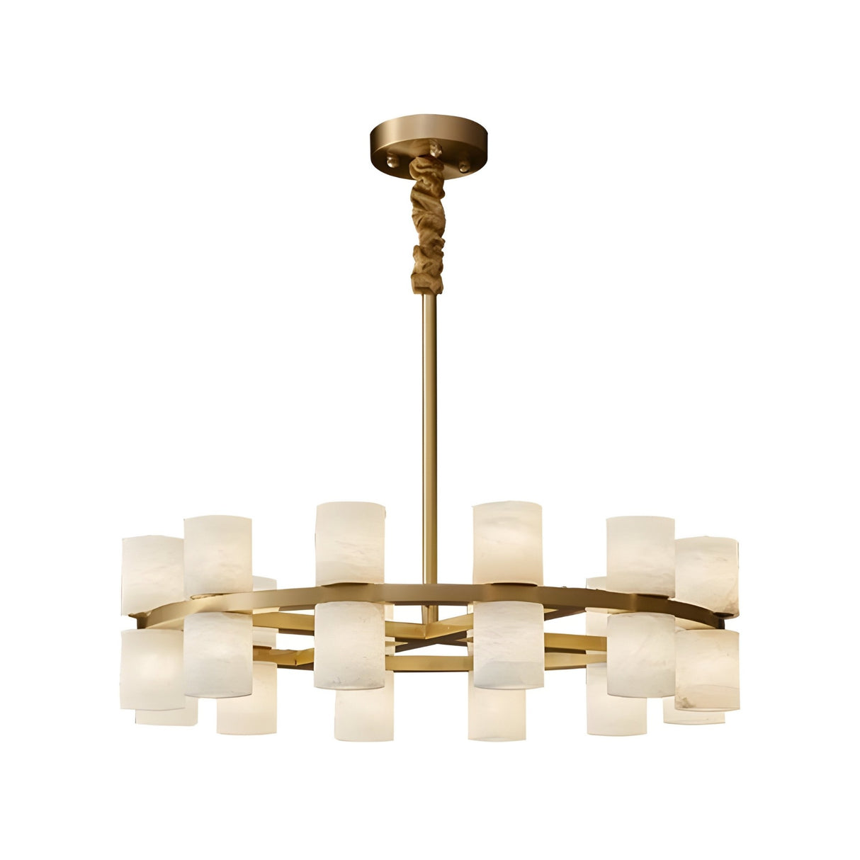 The Valenro 32 Light Cylindrical Alabaster Chandelier features a circular brass frame and two rows of soft white alabaster shades, evenly spaced and suspended from a single rod for a modern look.