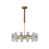 The Valenro 32 Light Cylindrical Alabaster Chandelier features a circular brass frame with cylindrical soft white shades and a gold rod and ceiling mount, shown against a white background.