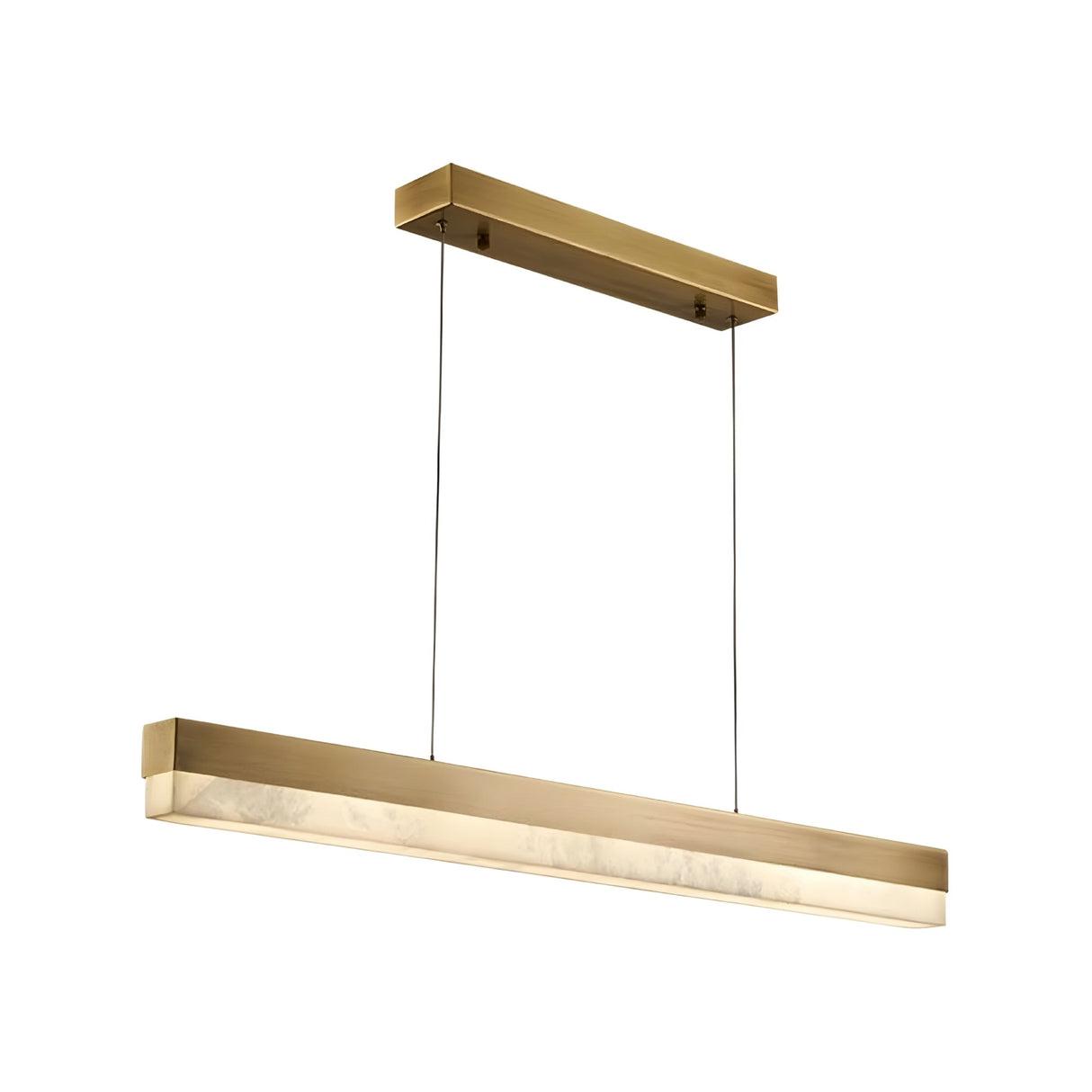 The Linea LED Small Alabaster Linear Suspension Light in soft white and brushed brass features a sleek rectangular design, suspended by two thin black wires—an elegant choice for kitchen island lighting.