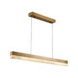 Niori Linea Small linear LED chandelier with a slim alabaster bar set in a brushed brass frame, suspended on two fine cables from a rectangular canopy.