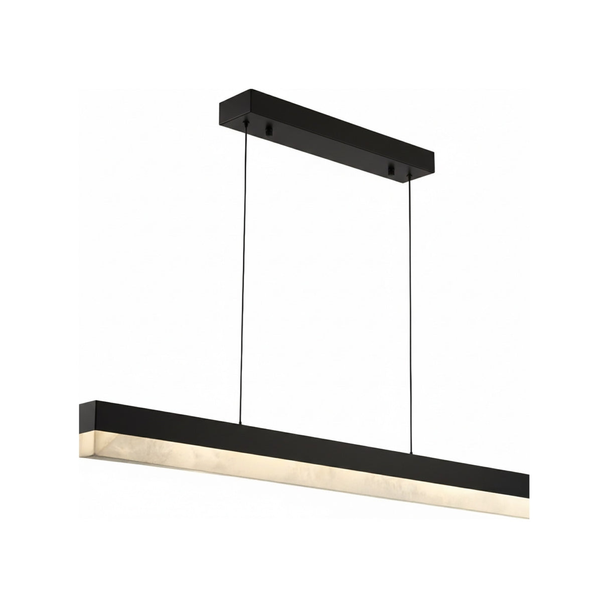 The Linea LED Small Alabaster Linear Suspension Light in soft white and black features a slim rectangular design, frosted underside for gentle illumination, and hangs elegantly by two black cords—perfect for adding modern style to your space.