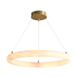 The Seraphis LED Large Alabaster Chandelier - Soft White features a gold ceiling mount, three suspension wires, and a glowing ring-shaped fixture crafted from natural Spanish alabaster for elegant, modern lighting.